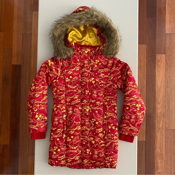 G-Unit Faux Fur Trim Hooded Long Sleeves Gold & Red Puffer Jacket Girl’s Size M - Picture 14 of 15
